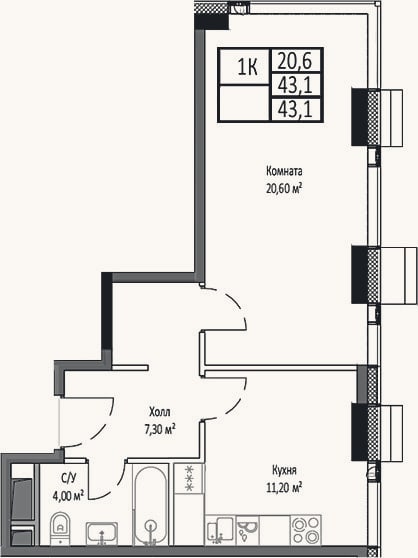 Планировка: 1-к, 43,1 м²