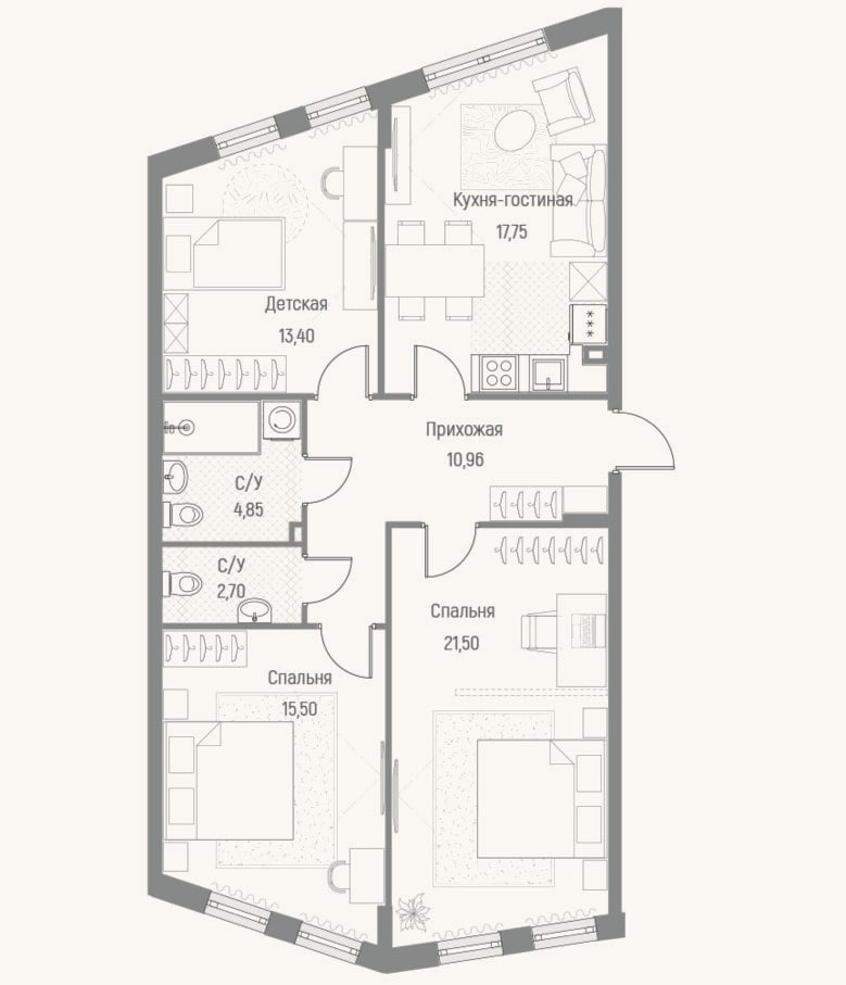 Планировка: 3-к, 86,8 м²