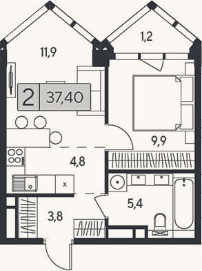 Планировка: 2-к, 36,2 м²