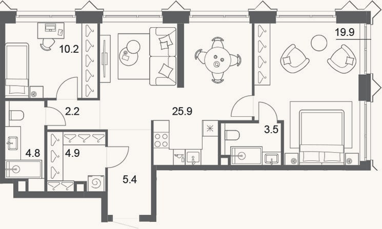 Планировка: 3-к, 76,8 м²