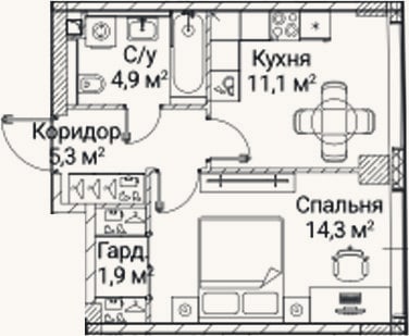 Планировка: 1-к, 36,9 м²