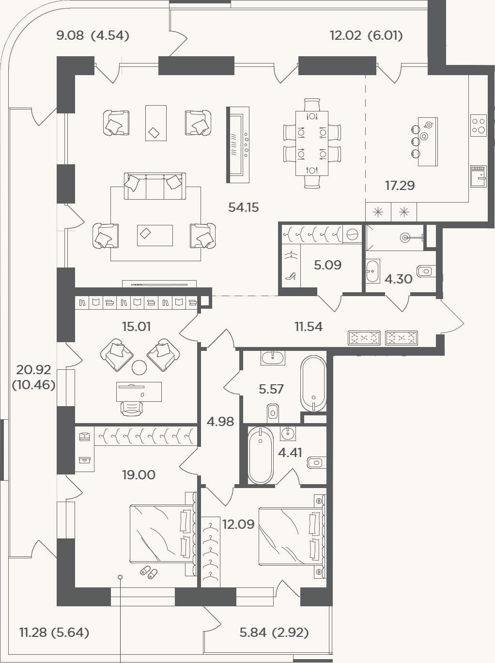Планировка: 4+ к, 153,4 м²