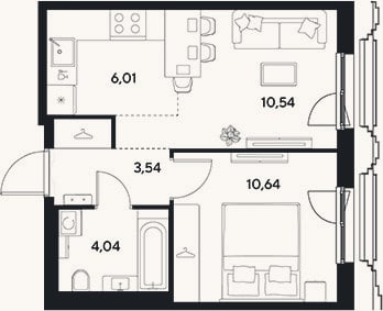 Планировка: 2-к, 34,8 м²