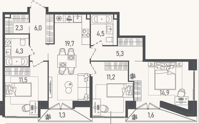 Планировка: 4+ к, 79,7 м²
