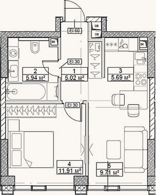 Планировка: 2-к, 38,3 м²