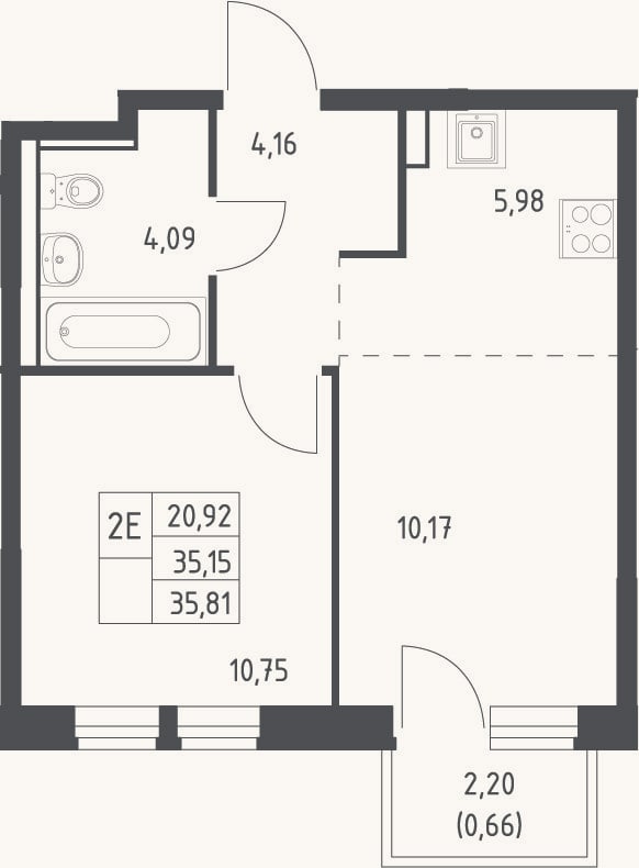 Планировка: 2-к, 35,2 м²