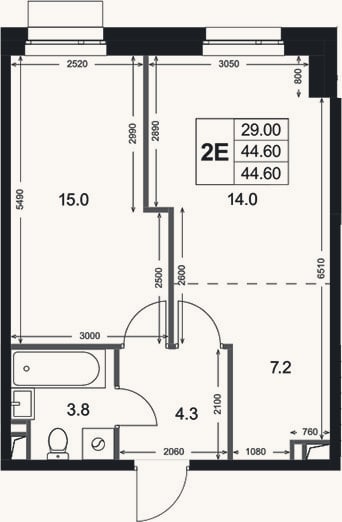 Планировка: 2-к, 44,6 м²