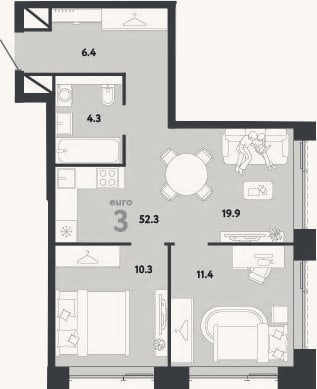 Планировка: 3-к, 52,3 м²
