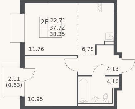 Планировка: 2-к, 37,7 м²