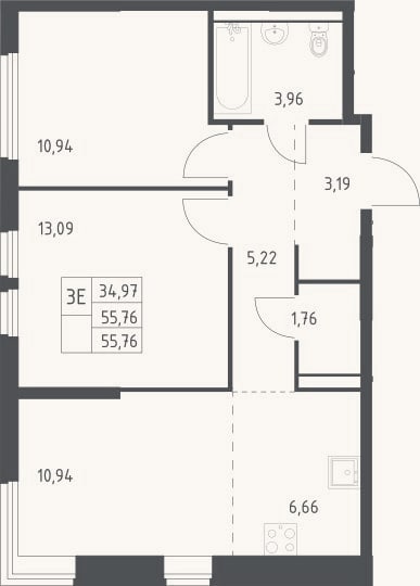 Планировка: 3-к, 55,8 м²