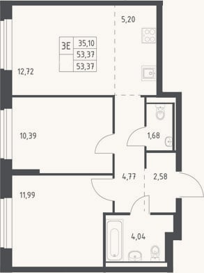 Планировка: 3-к, 53,4 м²