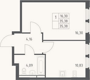Планировка: 1-к, 35,4 м²