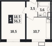 Планировка: 1-к, 36,3 м²