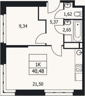 Планировка: 1-к, 40,5 м²