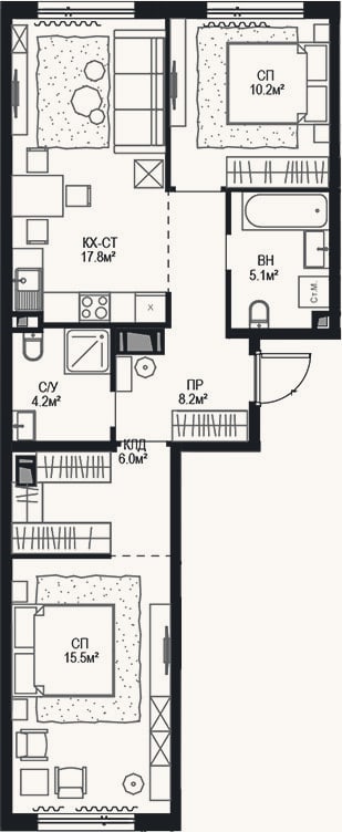 Планировка: 3-к, 67,3 м²
