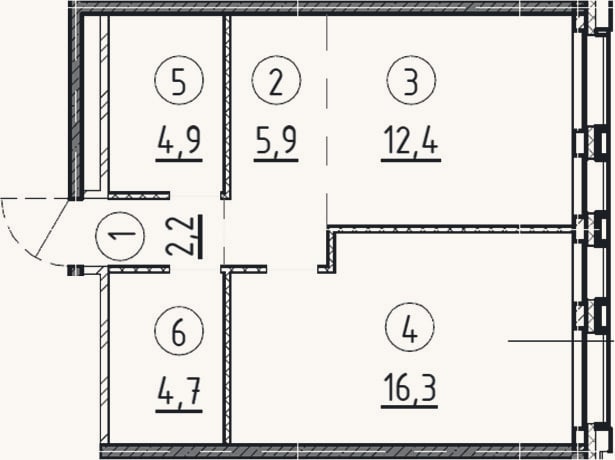 Планировка: 1-к, 46,4 м²