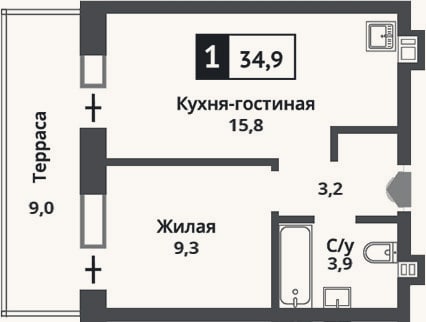 Планировка: 2-к, 32,2 м²