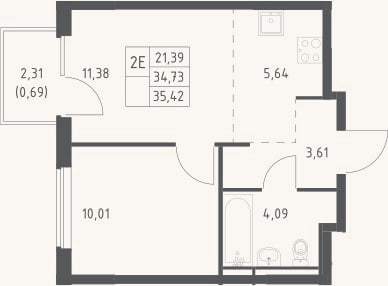 Планировка: 2-к, 34,7 м²