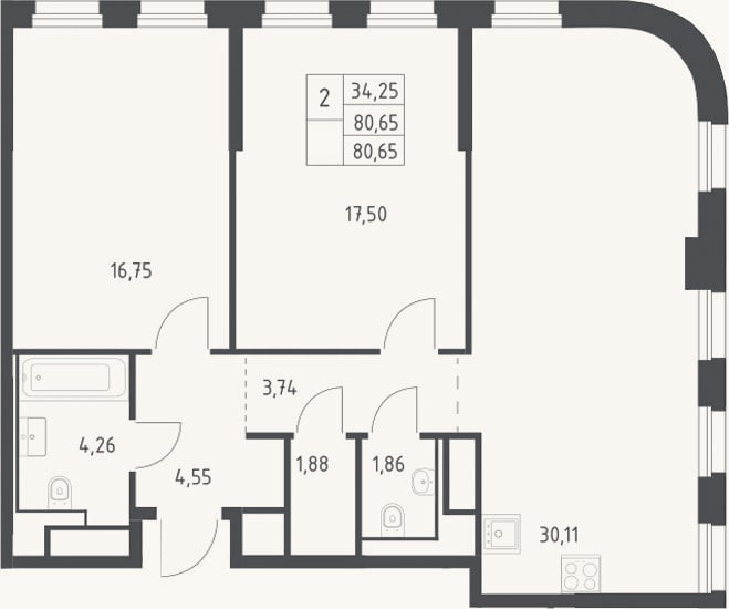 Планировка: 3-к, 80,7 м²