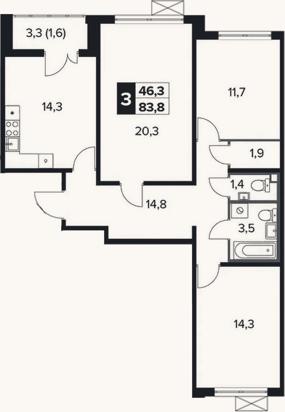 Планировка: 3-к, 82,2 м²