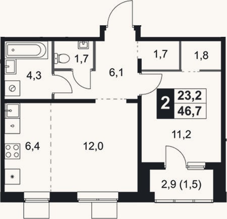 Планировка: 2-к, 45,2 м²
