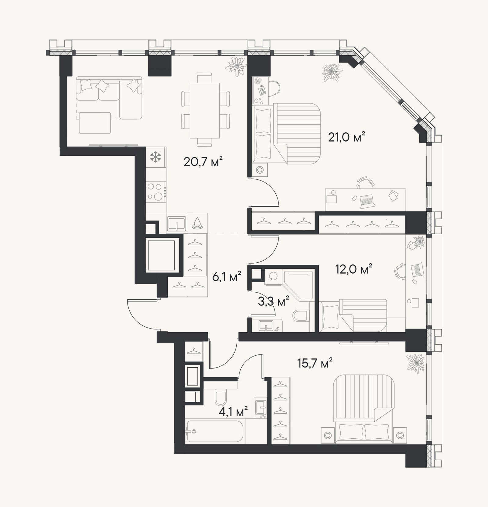 Планировка: 3-к, 82,9 м²