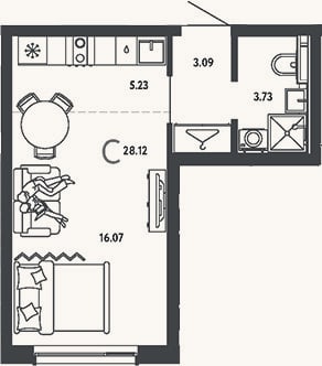 Планировка: Студия, 28,1 м²
