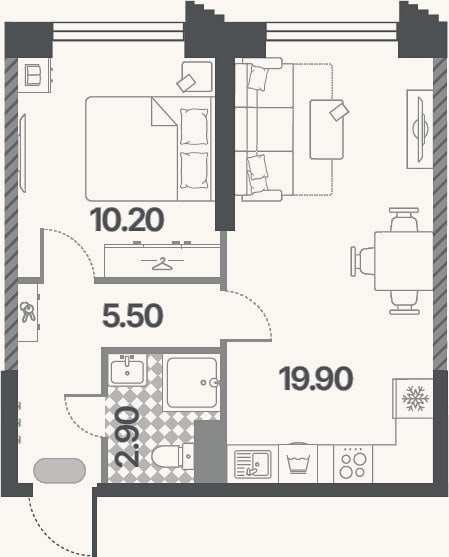 Планировка: 2-к, 38,5 м²