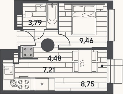 Планировка: 1-к, 33,7 м²