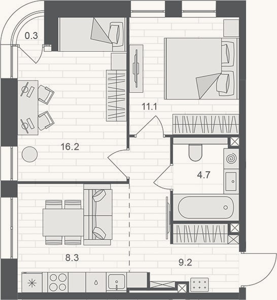 Планировка: 2-к, 49,5 м²