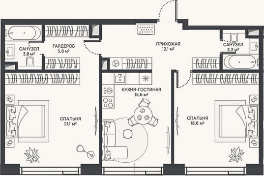 Планировка: 3-к, 80,5 м²