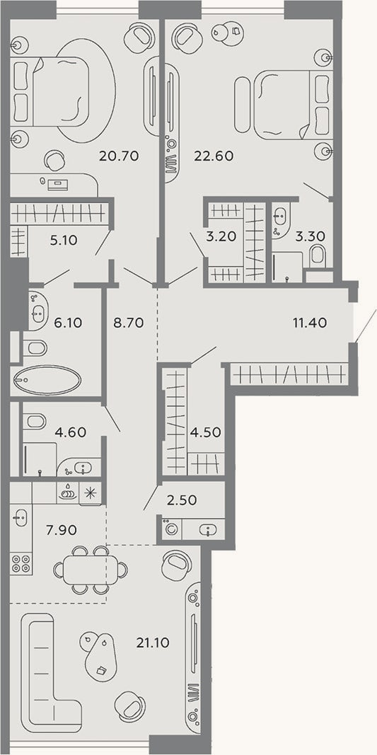 Планировка: 3-к, 121,7 м²