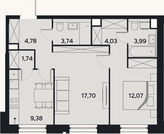 Планировка: 2-к, 57,4 м²