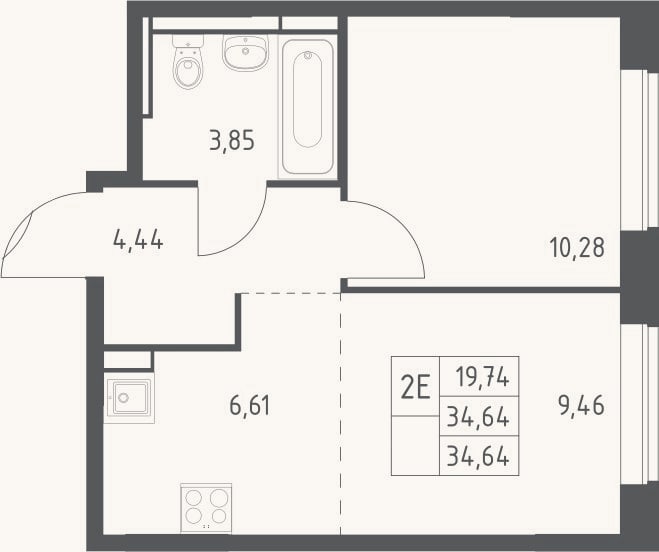 Планировка: 2-к, 34,6 м²