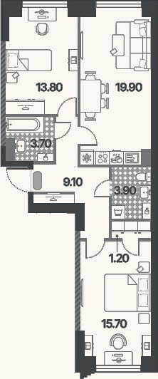 Планировка: 3-к, 67,3 м²