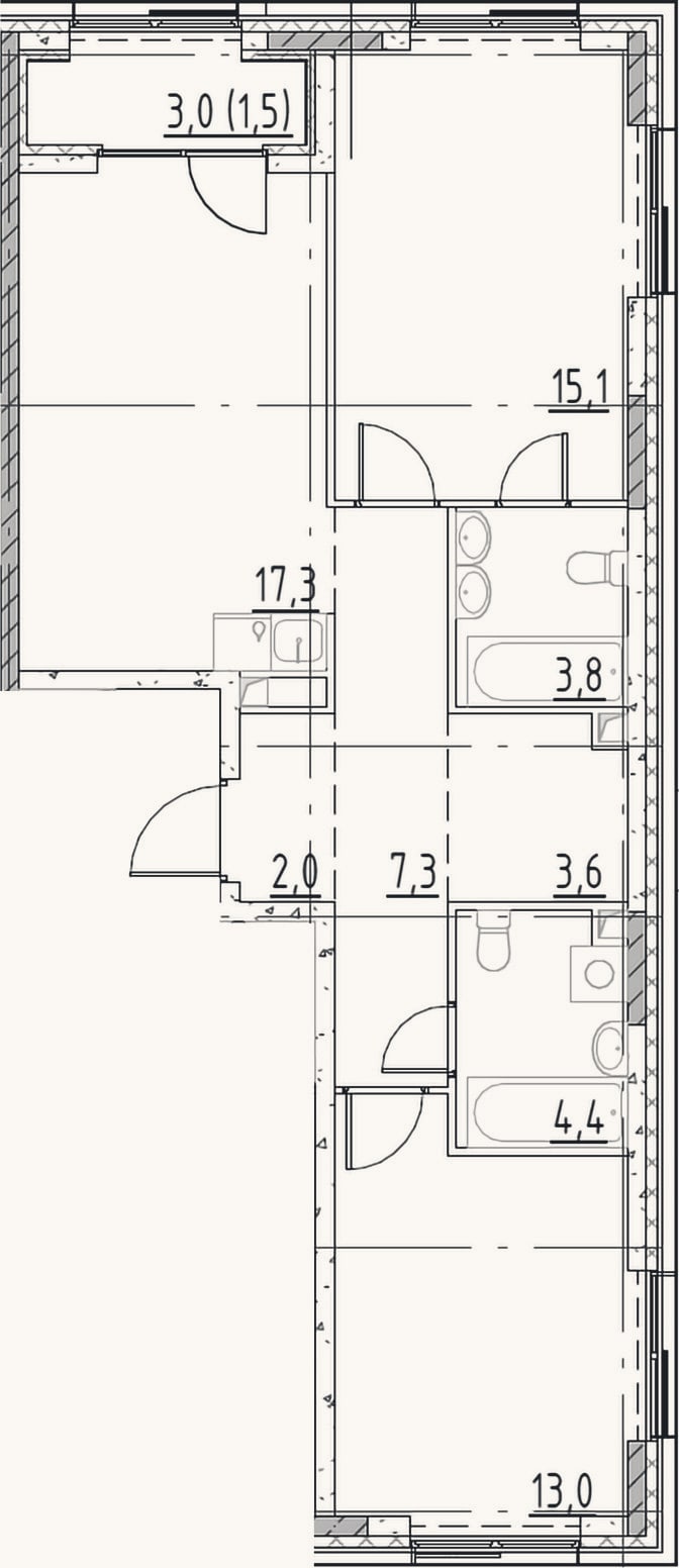 Планировка: 3-к, 66,5 м²