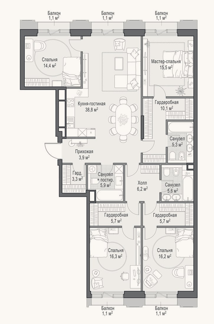Планировка: 4+ к, 152,4 м²