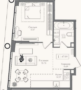 Планировка: 2-к, 47,1 м²