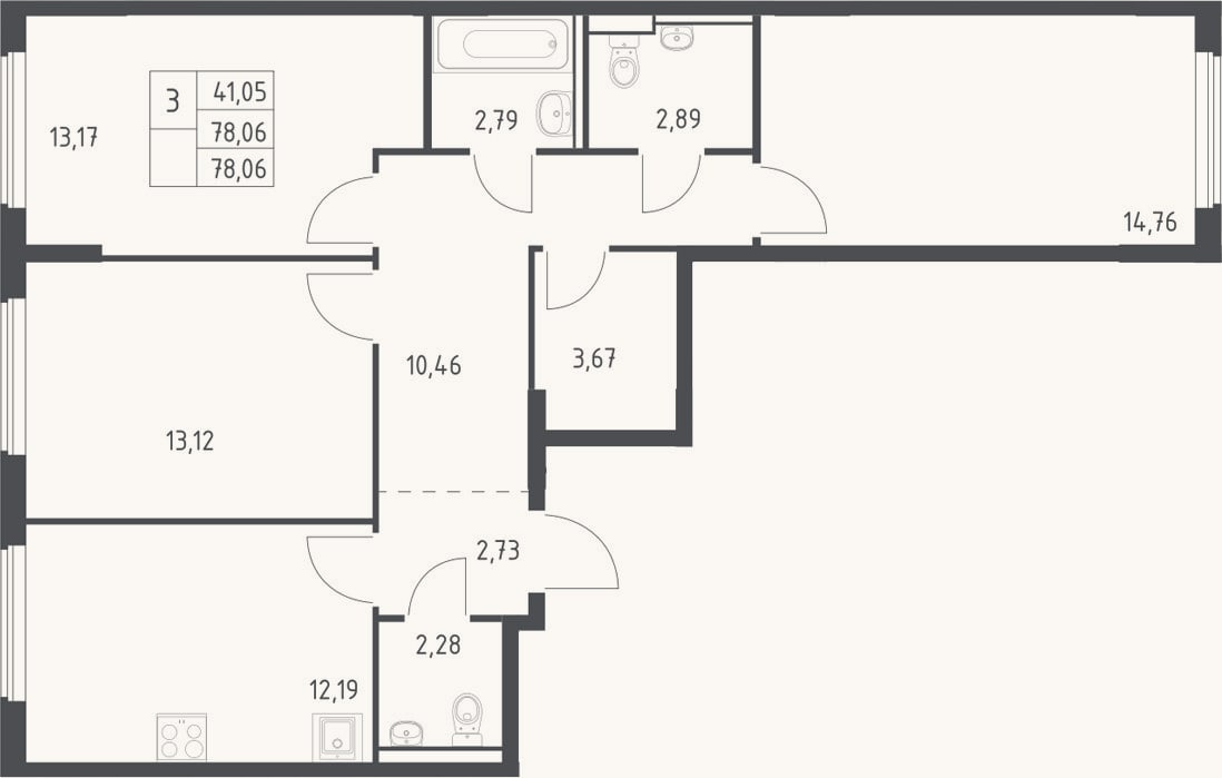 Планировка: 3-к, 78,1 м²