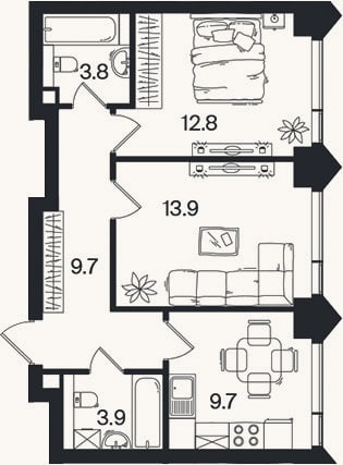 Планировка: 2-к, 53,8 м²