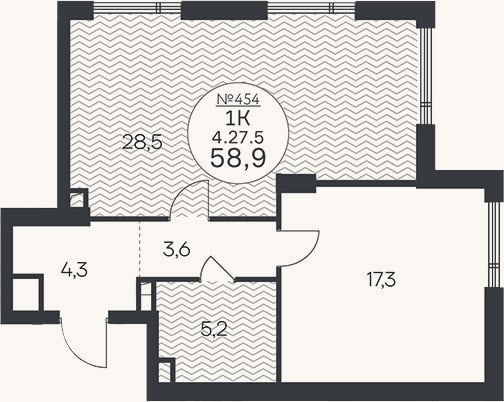 Планировка: 1-к, 58,9 м²