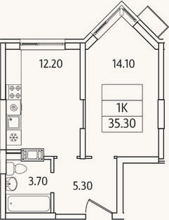 Планировка: 1-к, 35,3 м²