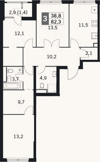 Планировка: 3-к, 79,6 м²