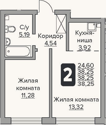 Планировка: 2-к, 38,3 м²