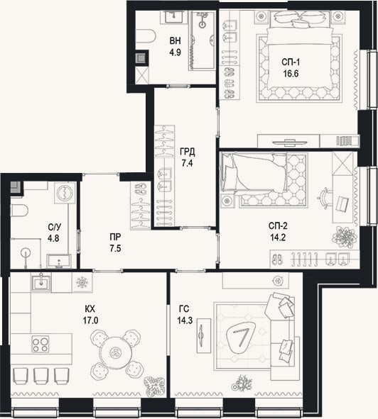 Планировка: 3-к, 86,7 м²