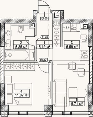 Планировка: 2-к, 38,2 м²
