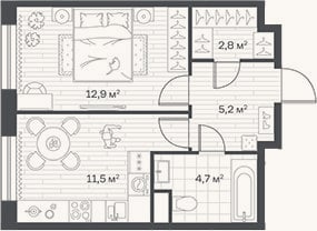 Планировка: 1-к, 37,1 м²