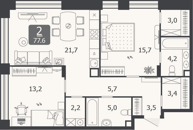 Планировка: 3-к, 77,6 м²