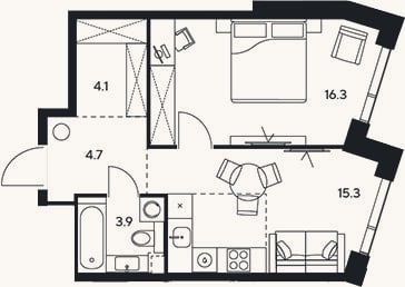 Планировка: 2-к, 44,3 м²