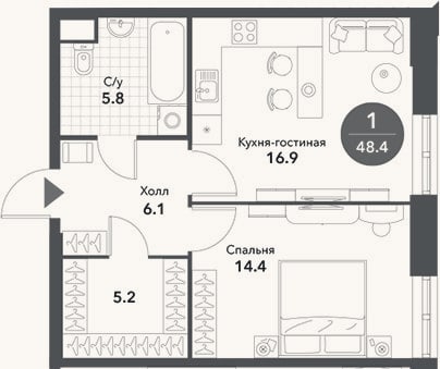 Планировка: 2-к, 48,4 м²